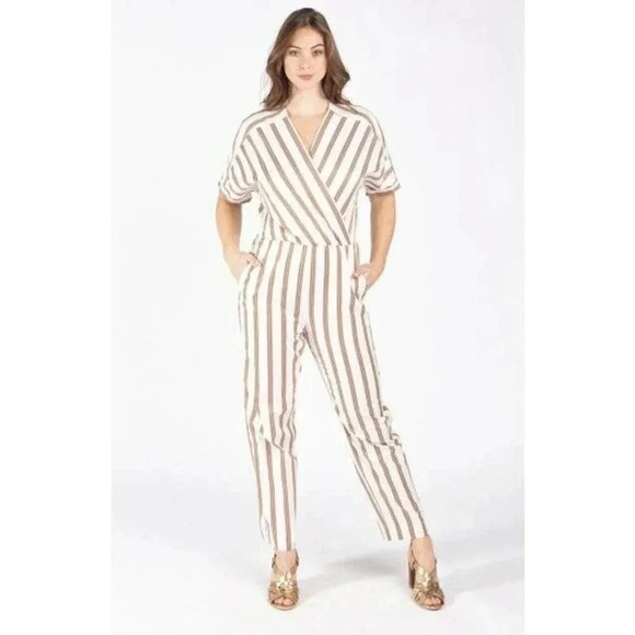 Maje Pants - Maje Size XS White Pieni Striped V-Neck Jumpsuit NEW!